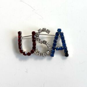 Vintage USA Red White Blue Rhinestone Brooch